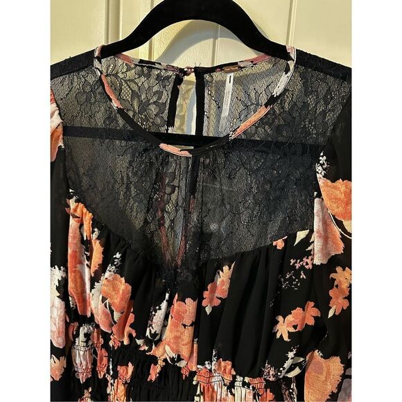 NWOT Free People Daphne Lace Floral Smocked Long Sleeve Black Pink Top Small - Picture 13 of 13